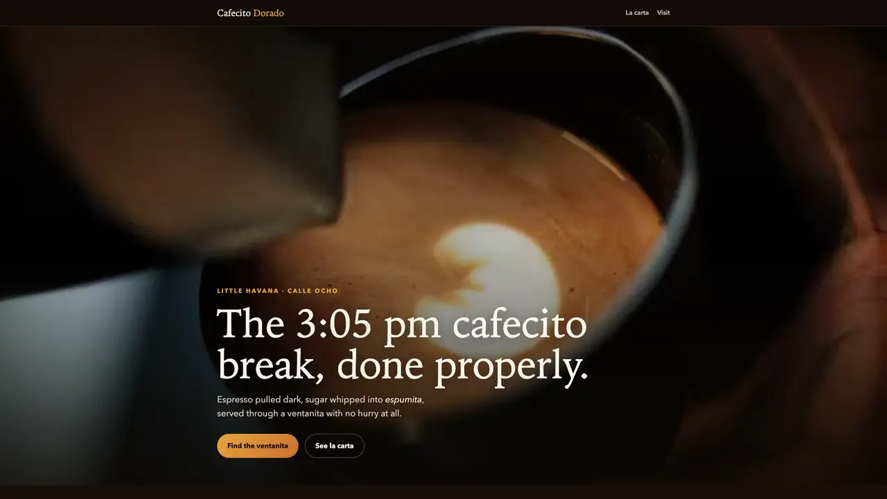 Cafecito Dorado concept home page: a latte pour behind the headline