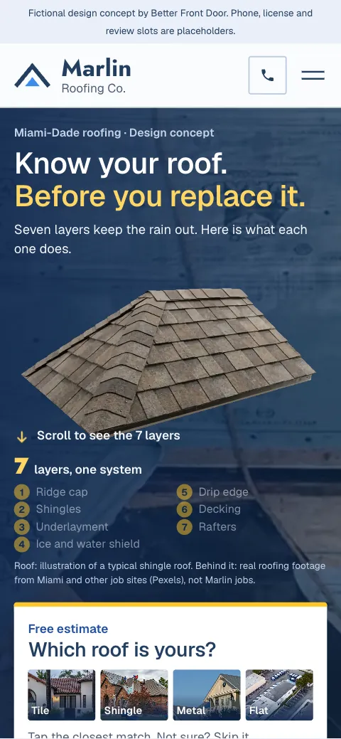 The Marlin Roofing concept on a phone: the headline, the shingle roof model and its 7 layers