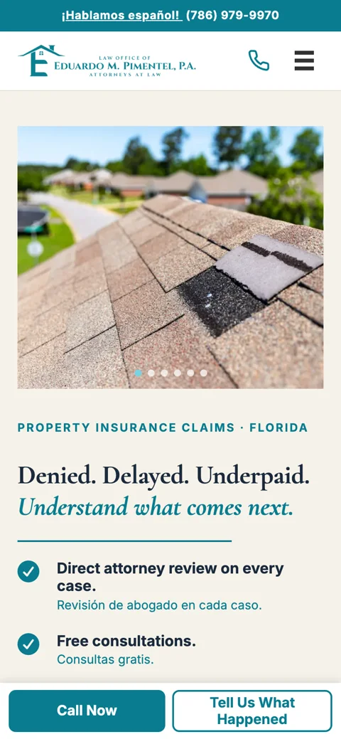 The pimentelattorneys.com home page on a phone, with a Call Now bar